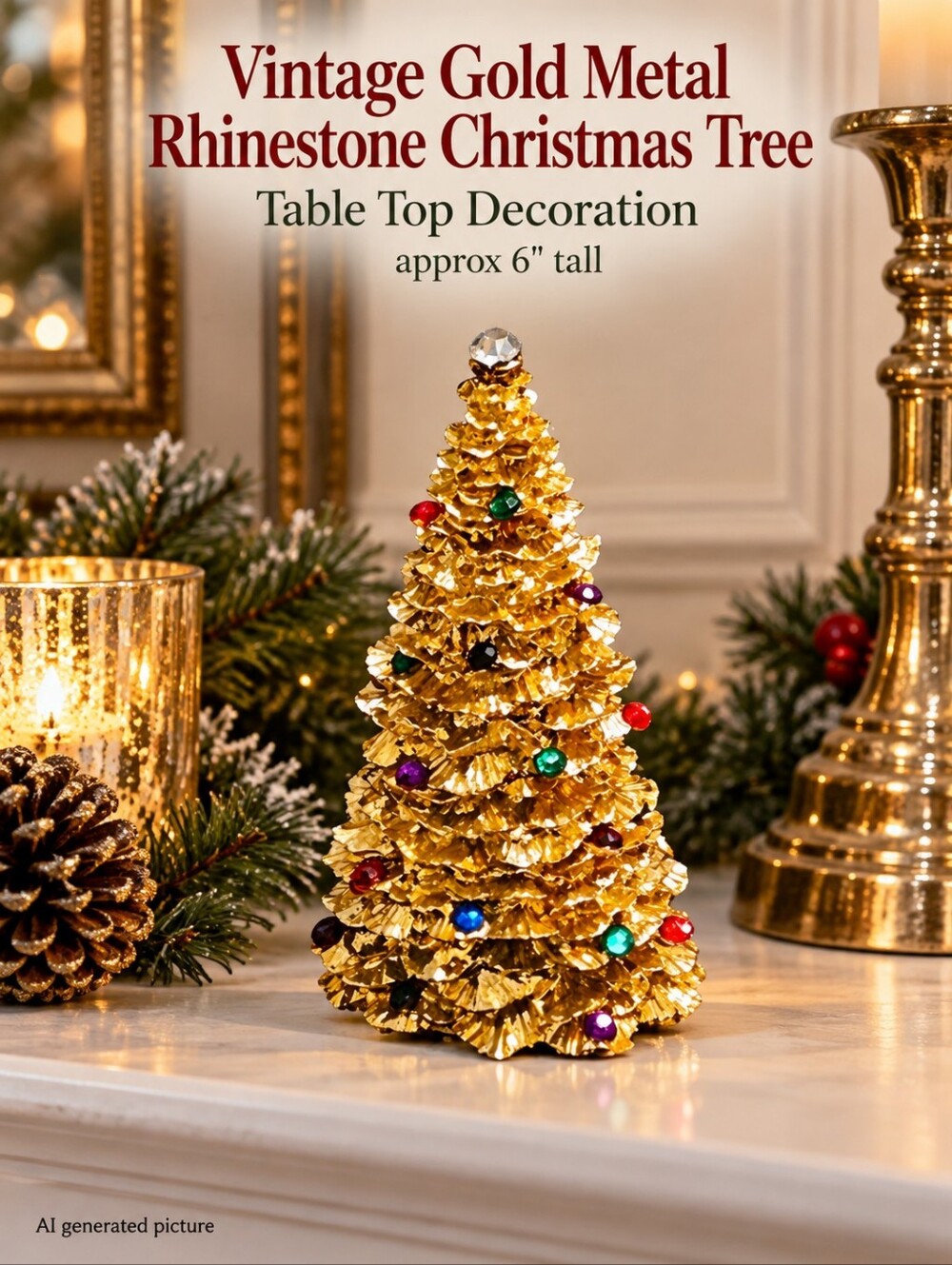 Vintage Gold Metal Rhinestone Christmas Tree Table Top Decoration